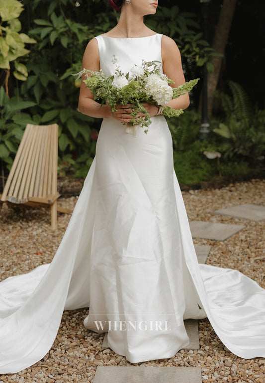 Column Bateau Neck Sleeveless Beaded Sweep Trian Wedding Dress