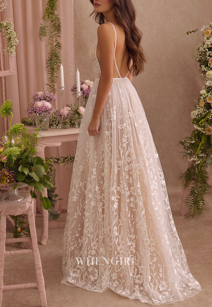 V Neck Beaded Straps Sleeveless Lace A-Line Long Wedding Dress