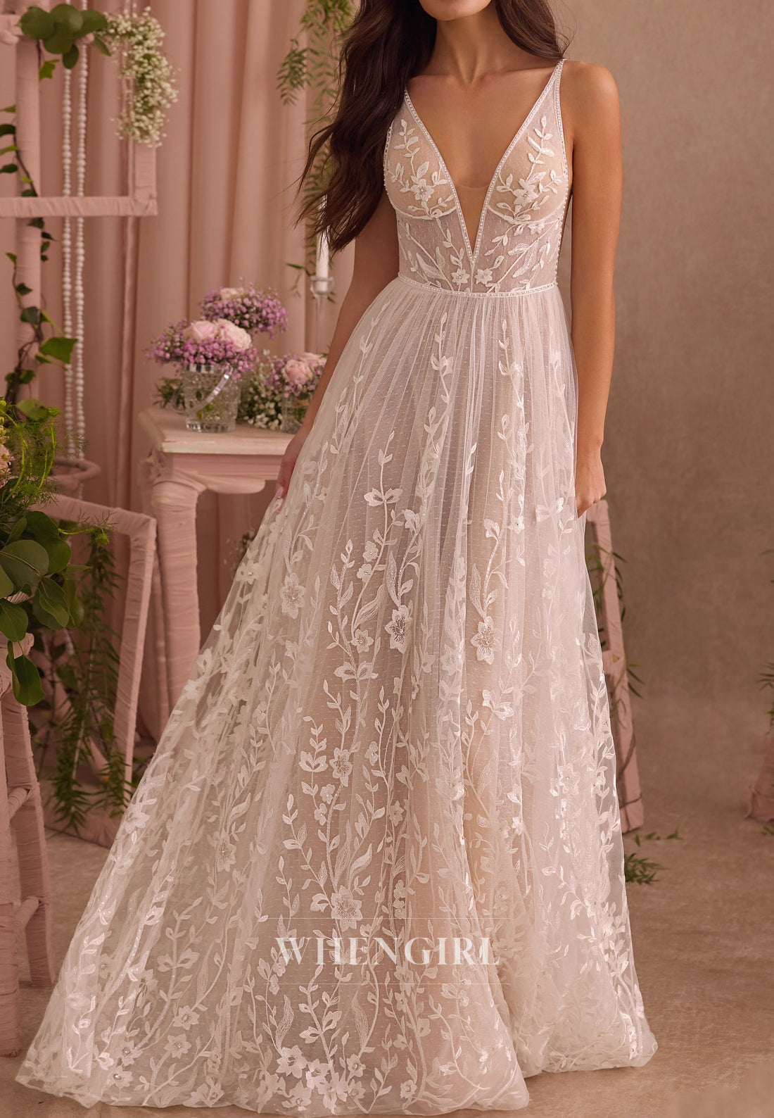 V Neck Beaded Straps Sleeveless Lace A-Line Long Wedding Dress