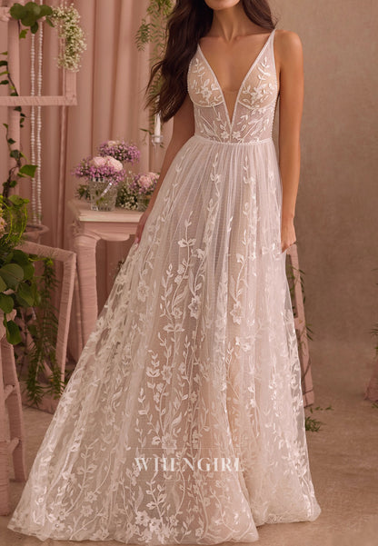 V Neck Beaded Straps Sleeveless Lace A-Line Long Wedding Dress