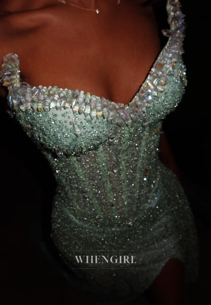 Sheath V Neck Beaded Sleeveless Pleated Side Slit Sweep Train Prom Dress