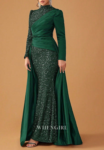 Sheath High Neck Long Sleeves Beaded Floor Length Mother of the Bride Dress