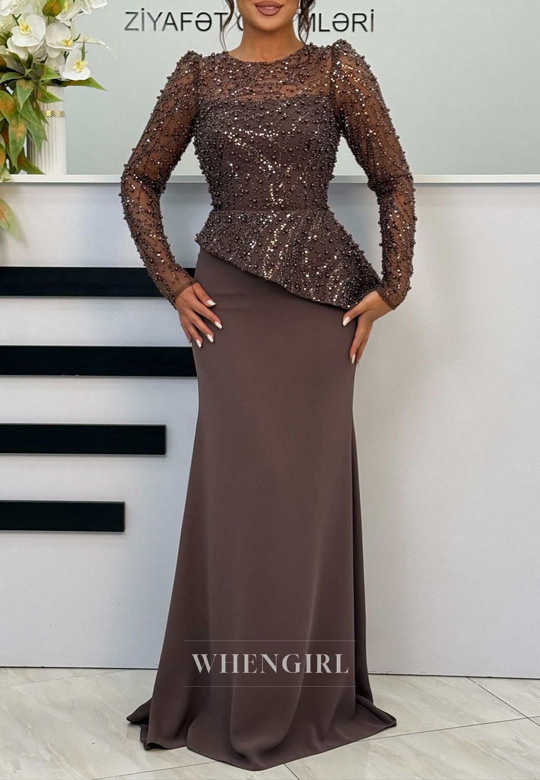 Sheath Floor Length Long Sleves Bateau Neck Beaded Evening Formal Dress