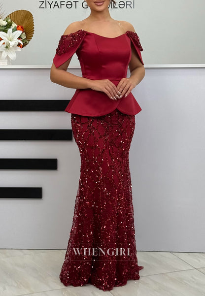 Mermaid Off Shoulder Sequins Beaded Floor Length Evening Formal Gown