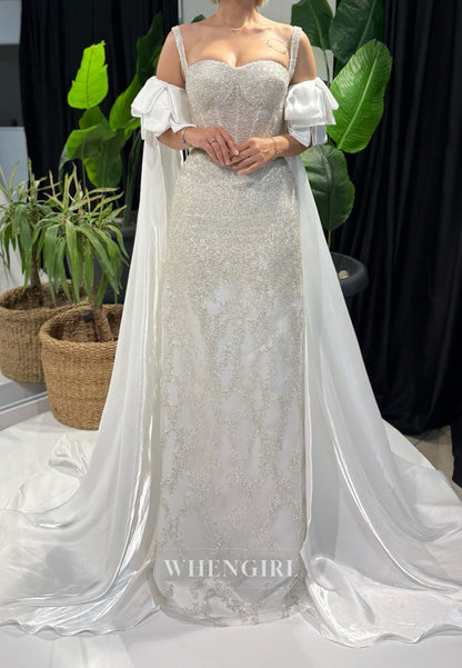 Column Sequins Beading Sweetheart Regular Straps Wedding Dress with Cape