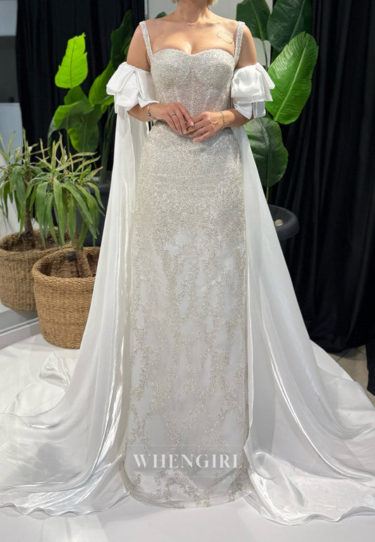 Column Sequins Beading Sweetheart Regular Straps Wedding Dress with Cape