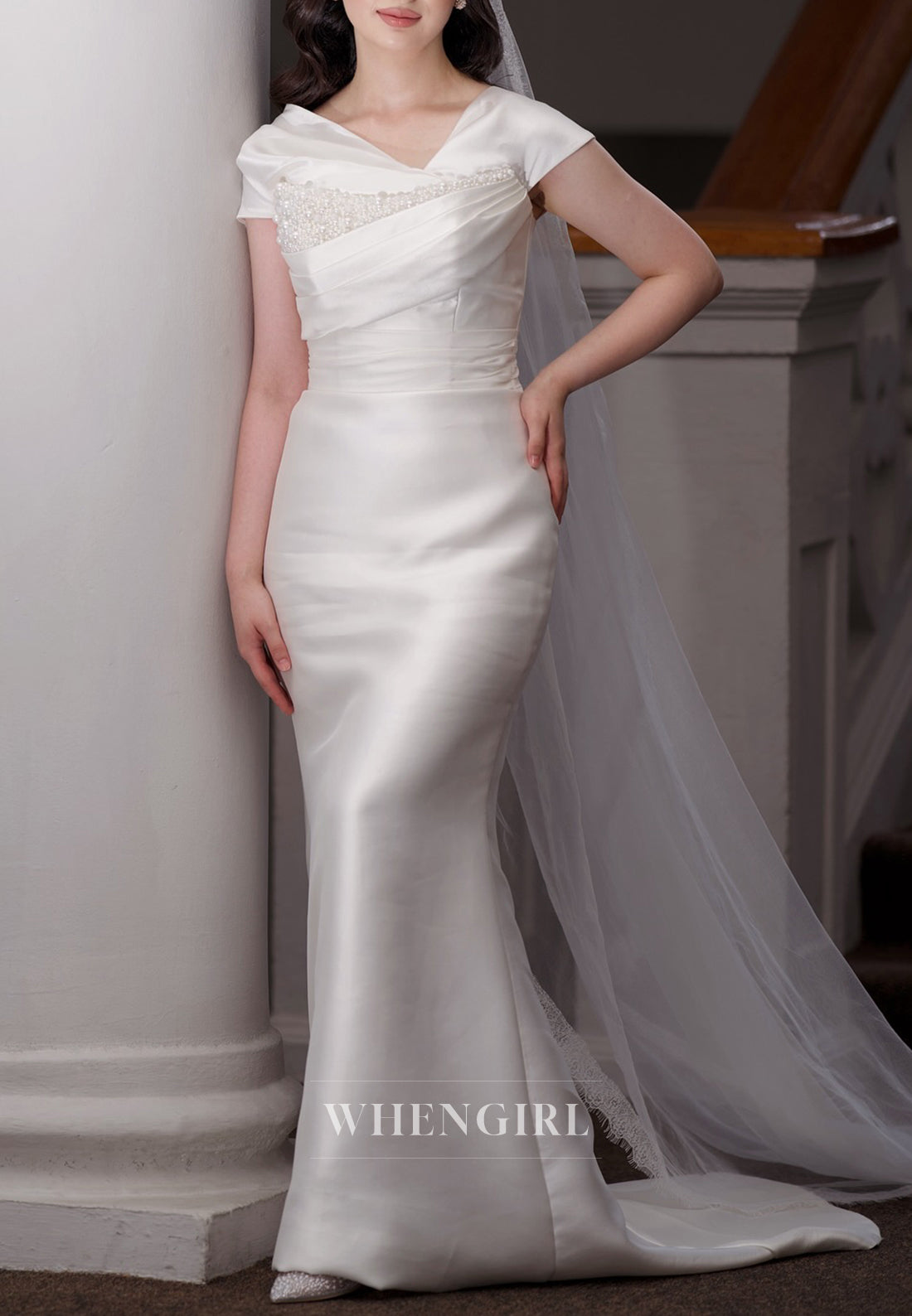 Sheath Asymmetrical Neck Cap Sleeves Pearls Beading Lace Up Satin Wedding Dress