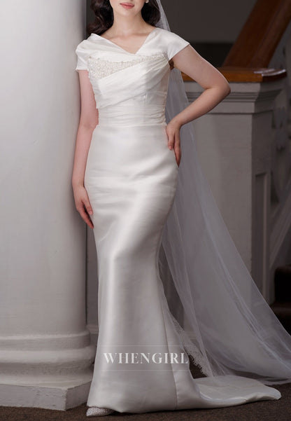 Sheath Asymmetrical Neck Cap Sleeves Pearls Beading Lace Up Satin Wedding Dress