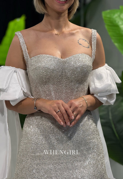Column Sequins Beading Sweetheart Regular Straps Wedding Dress with Cape