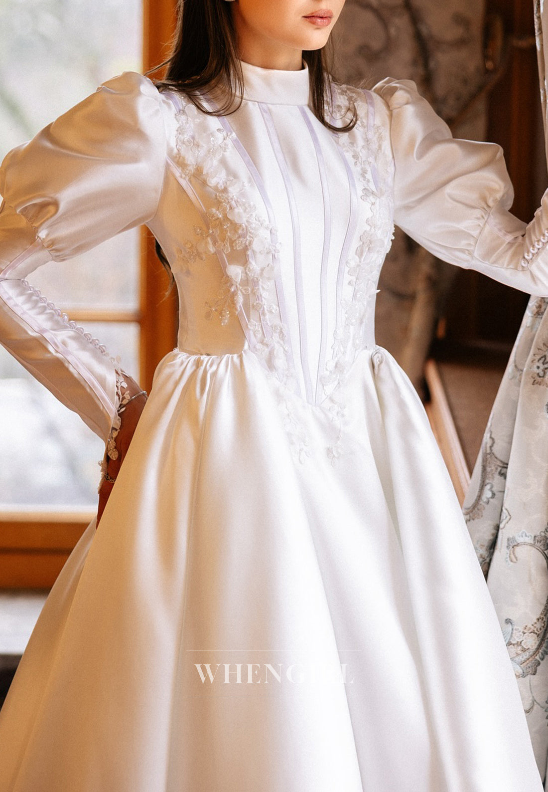 A-line Satin Appliqued Long Sleeves High Neck Long Wedding Dress