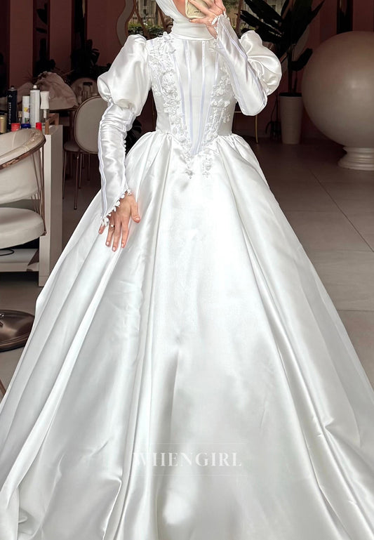A-line Satin Appliqued Long Sleeves High Neck Long Wedding Dress