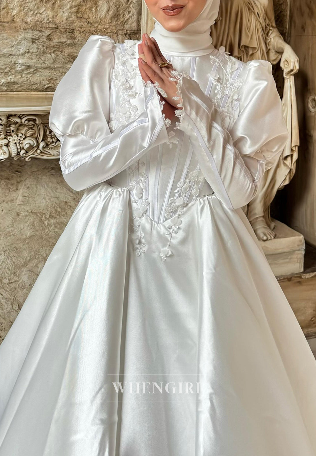 A-line Satin Appliqued Long Sleeves High Neck Long Wedding Dress