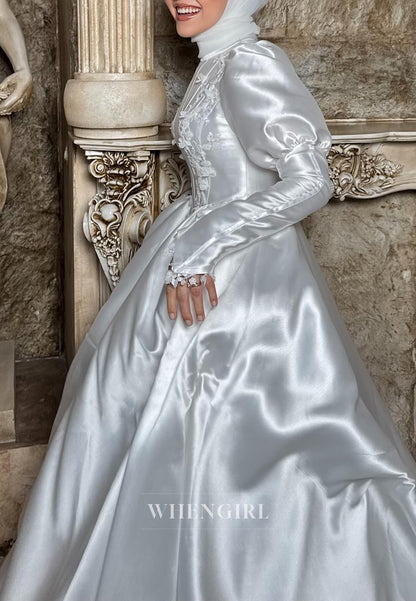 A-line Satin Appliqued Long Sleeves High Neck Long Wedding Dress
