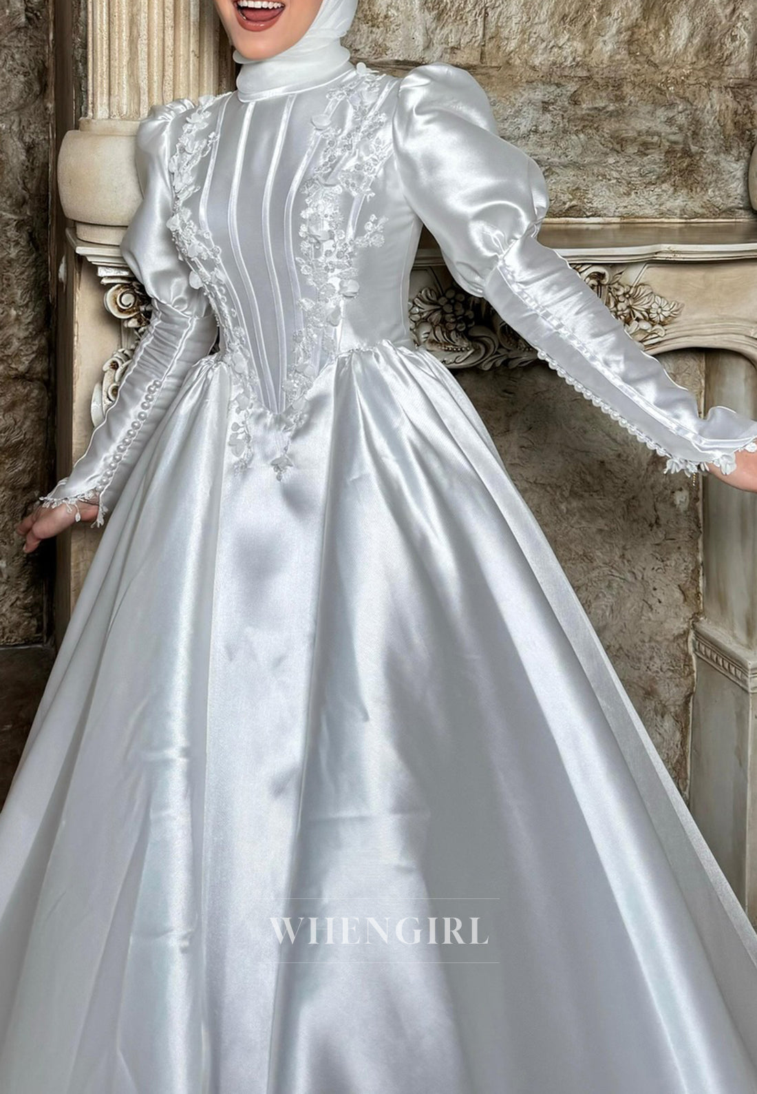 A-line Satin Appliqued Long Sleeves High Neck Long Wedding Dress