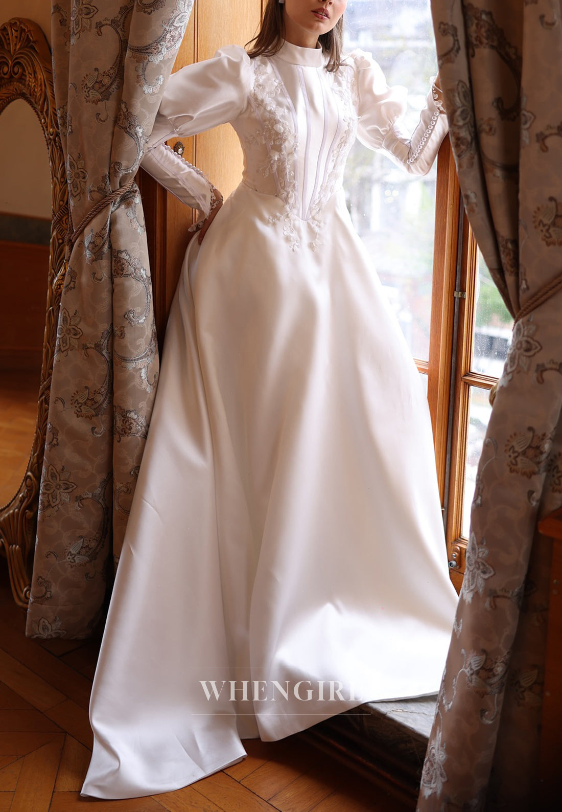 A-line Satin Appliqued Long Sleeves High Neck Long Wedding Dress