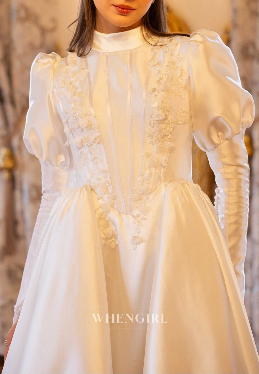 A-line Satin Appliqued Long Sleeves High Neck Long Wedding Dress