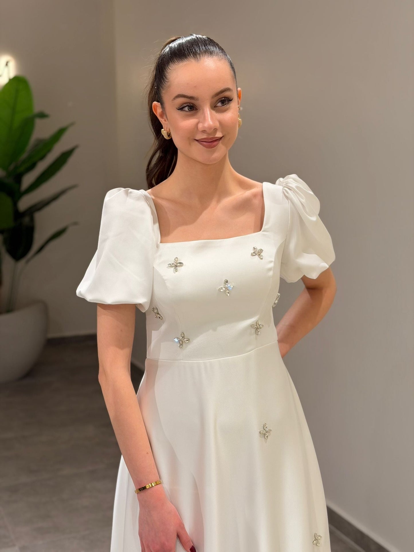 A-Line Square Neck Short Puff Sleeves Beading Formal Dress