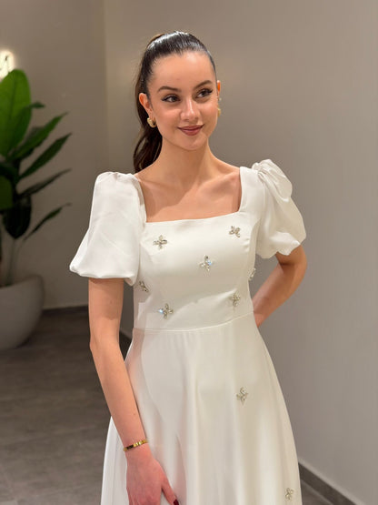 A-Line Square Neck Short Puff Sleeves Beading Formal Dress