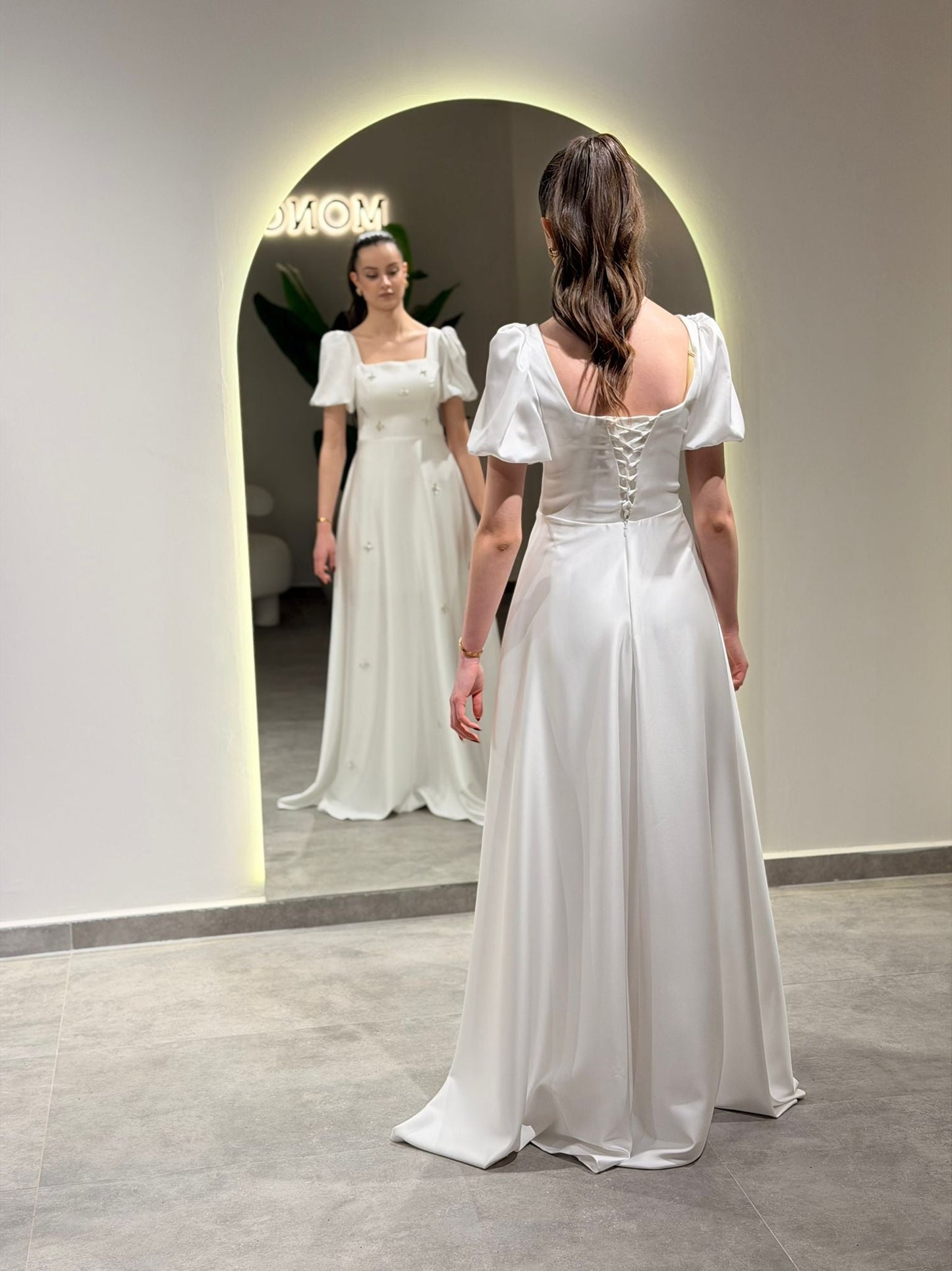 A-Line Square Neck Short Puff Sleeves Beading Formal Dress