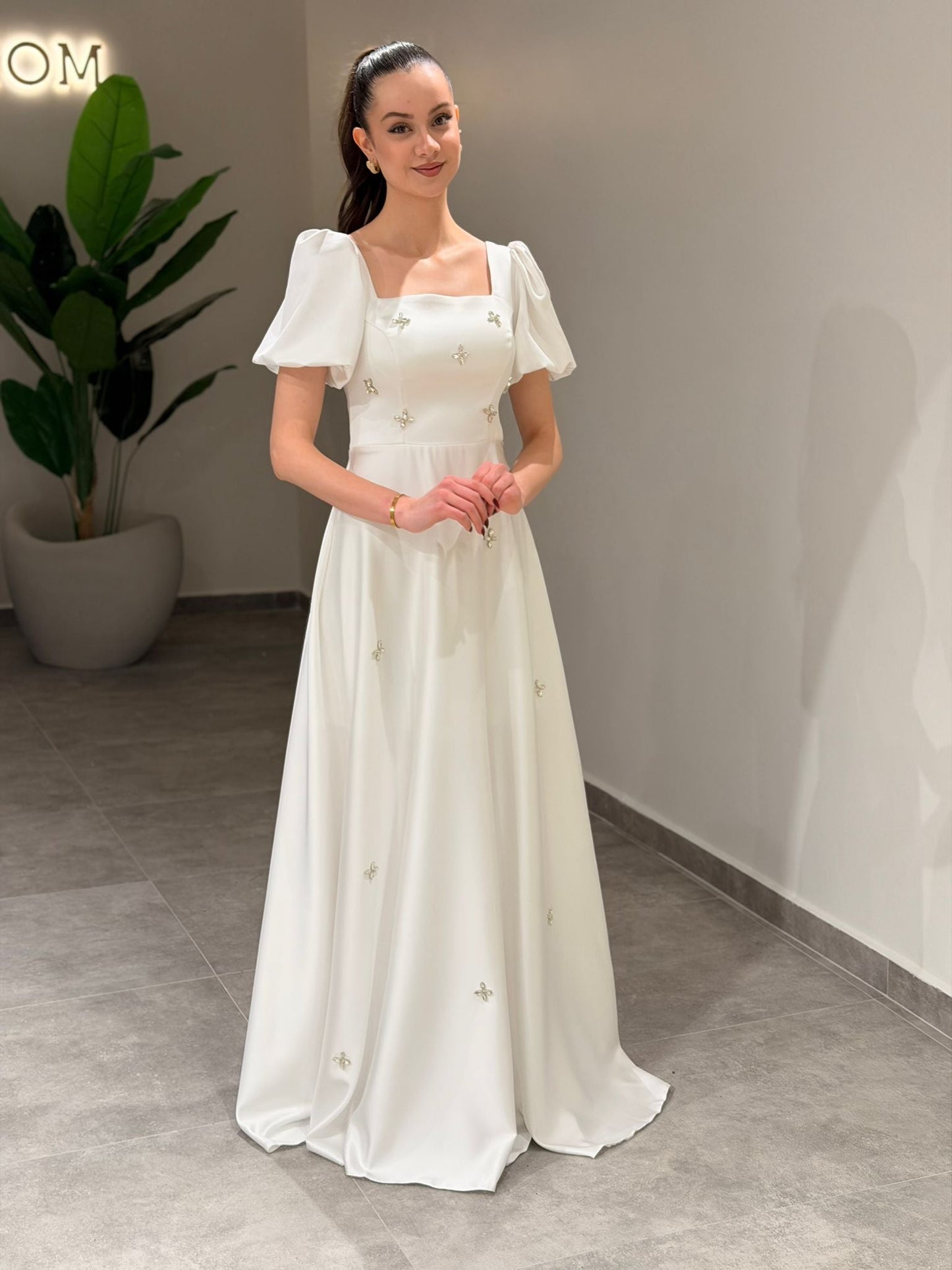 A-Line Square Neck Short Puff Sleeves Beading Formal Dress