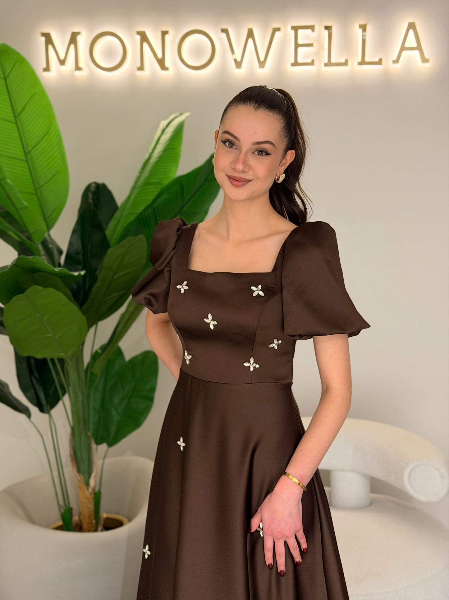 A-Line Square Neck Short Puff Sleeves Beading Formal Dress