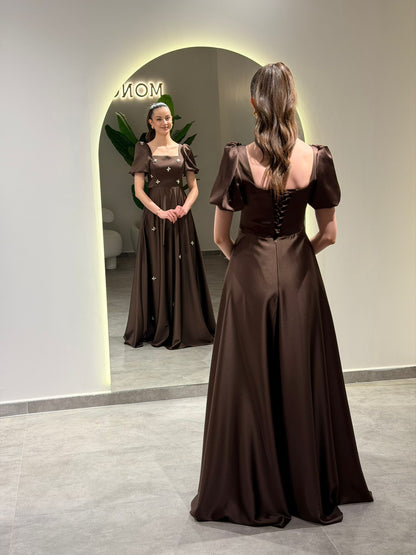 A-Line Square Neck Short Puff Sleeves Beading Formal Dress