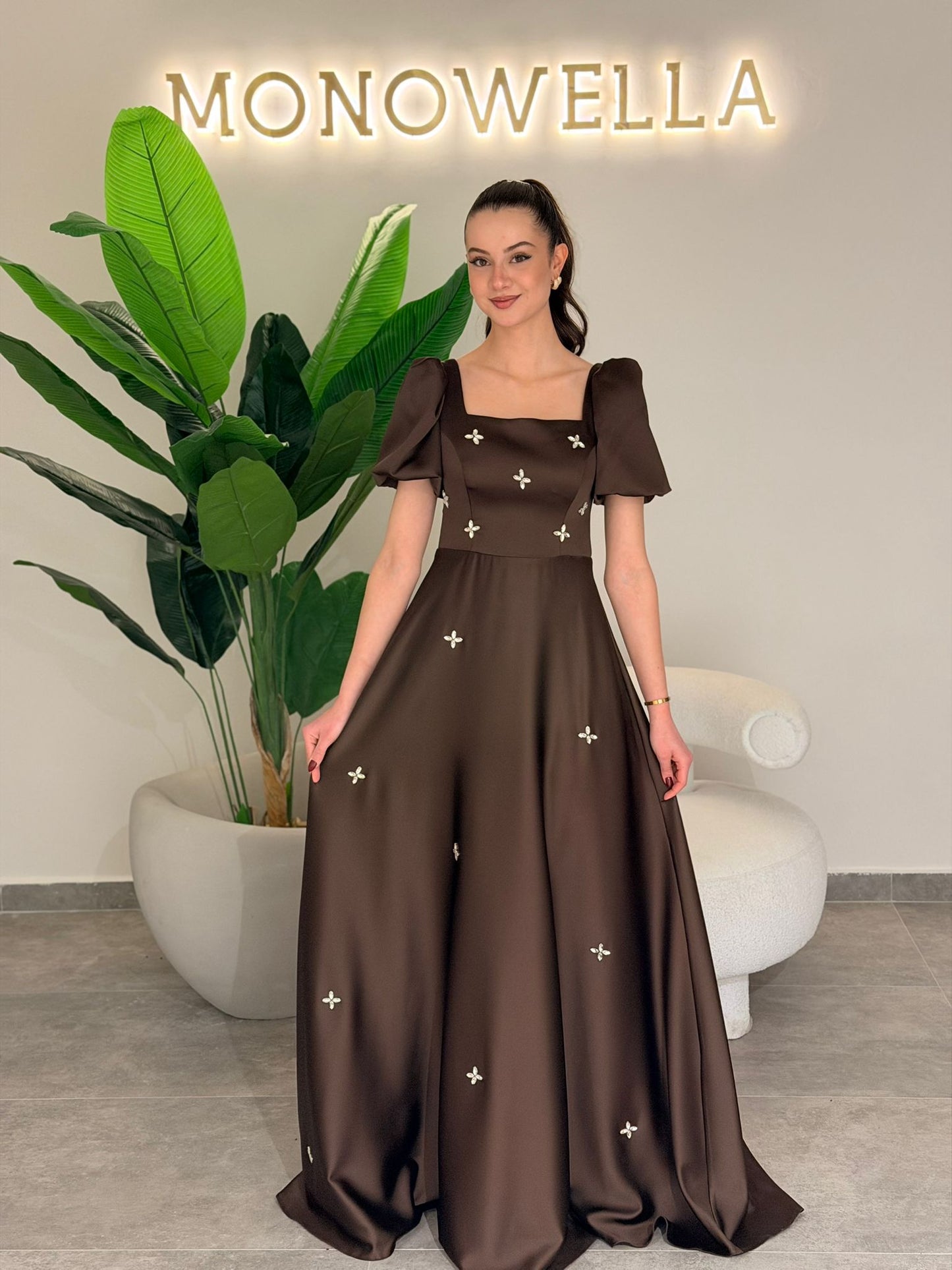 A-Line Square Neck Short Puff Sleeves Beading Formal Dress