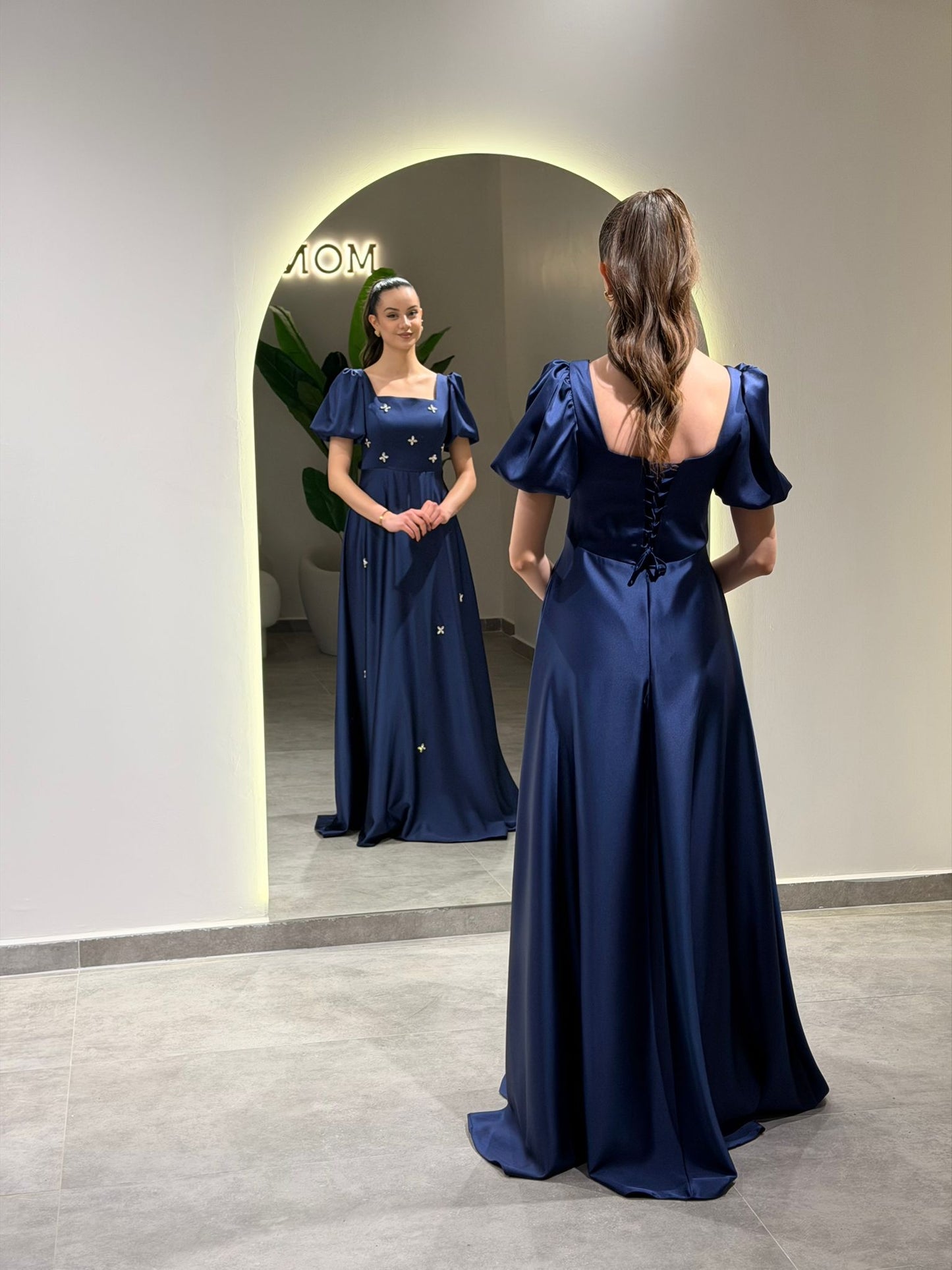 A-Line Square Neck Short Puff Sleeves Beading Formal Dress