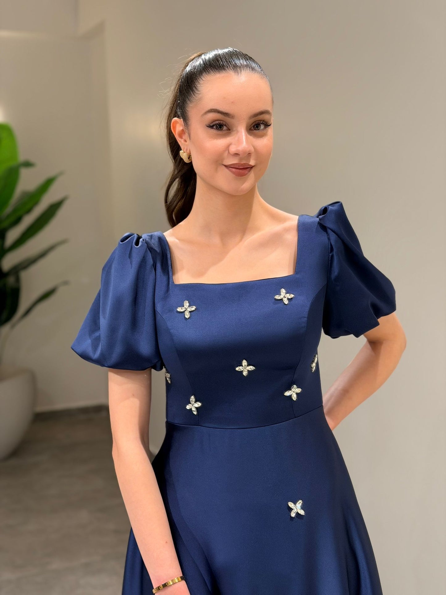 A-Line Square Neck Short Puff Sleeves Beading Formal Dress