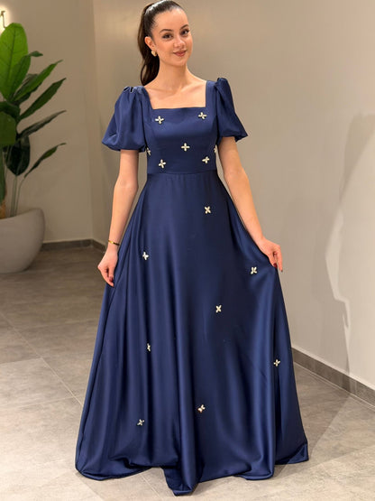 A-Line Square Neck Short Puff Sleeves Beading Formal Dress