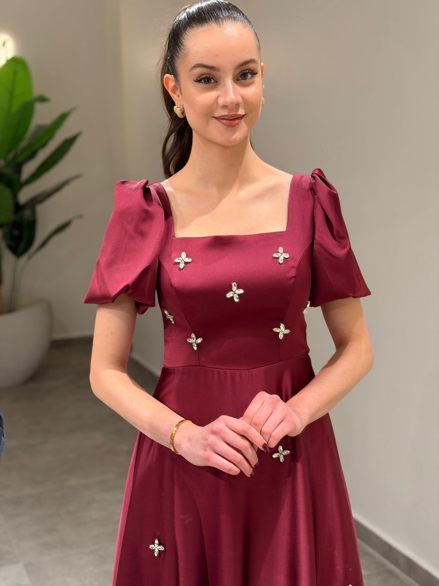 A-Line Square Neck Short Puff Sleeves Beading Formal Dress