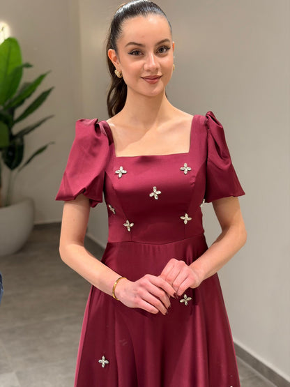 A-Line Square Neck Short Puff Sleeves Beading Formal Dress