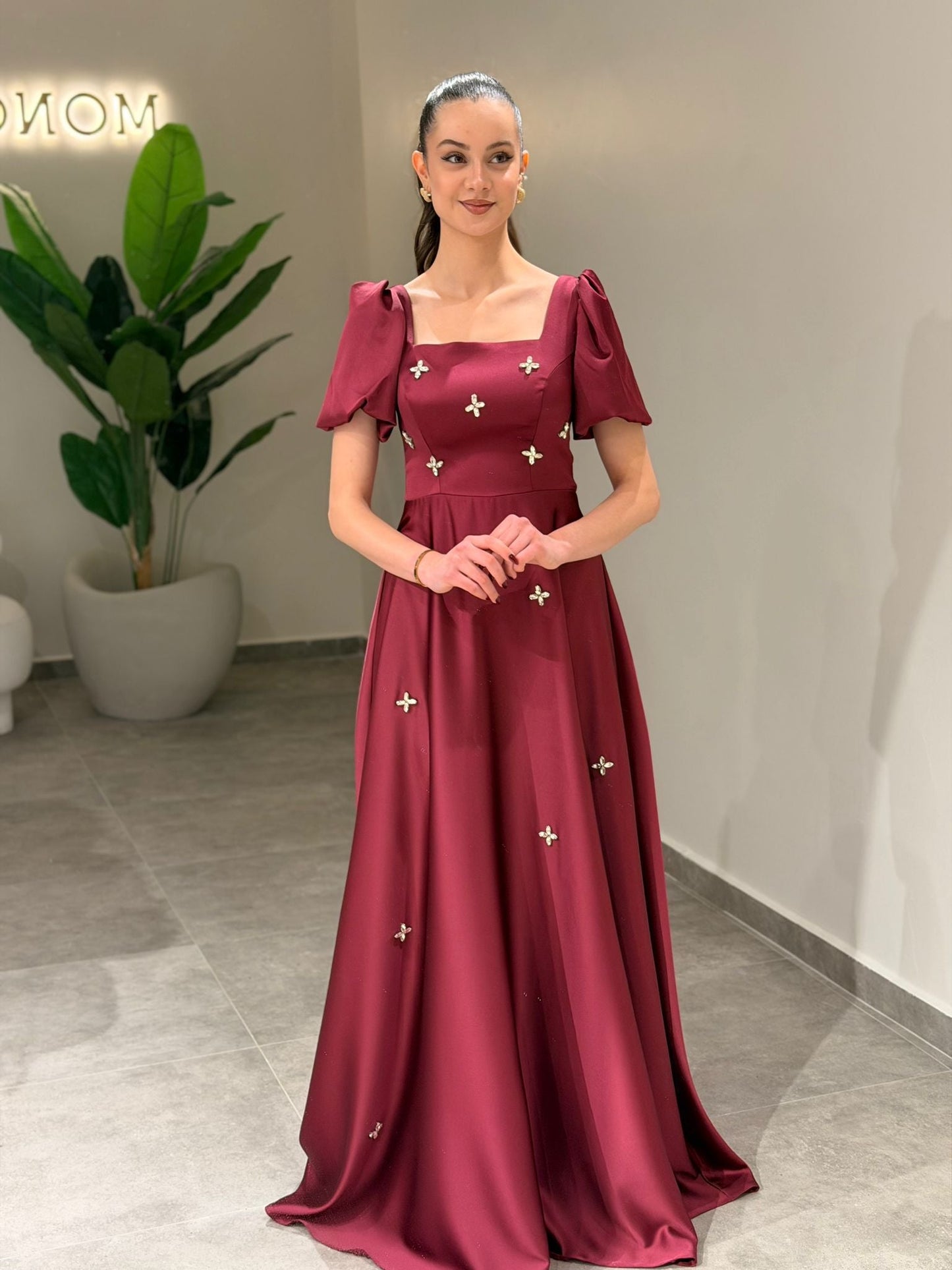 A-Line Square Neck Short Puff Sleeves Beading Formal Dress