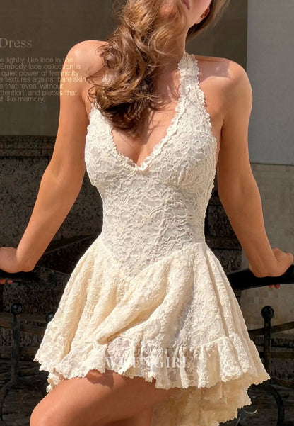Backless Lace Halter Ruffle Mini Dress