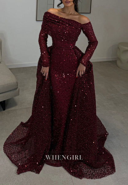 Sequined Off-the-Shoulder Gown with Overskirt