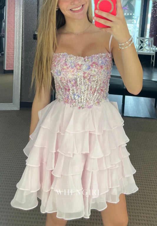 Tiered Ruffle Mini Dress with 3D Floral Sequin Bodice