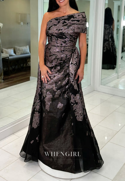 One-Shoulder Metallic Jacquard Evening Gown