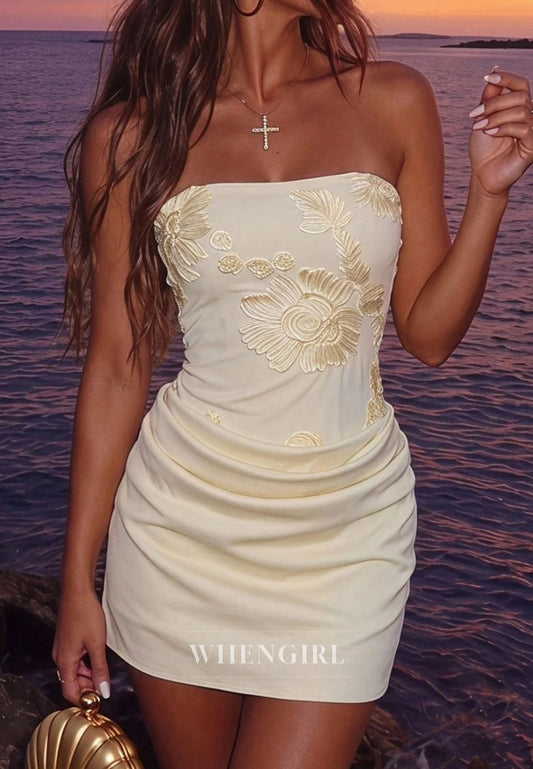 Strapless Embroidered Satin Mini Dress with Ruched Skirt