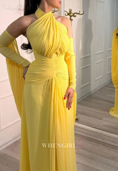 Crossed Halter Gown with Sleeves & Draped Cape