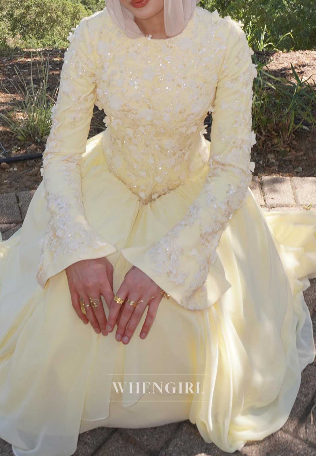 High Neck 3D Floral Applique Long Sleeve Gown