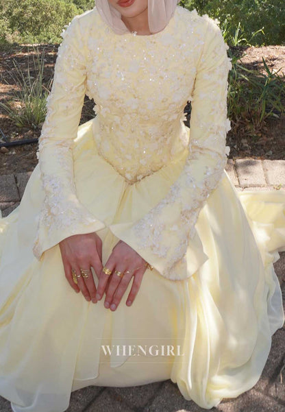 High Neck 3D Floral Applique Long Sleeve Gown