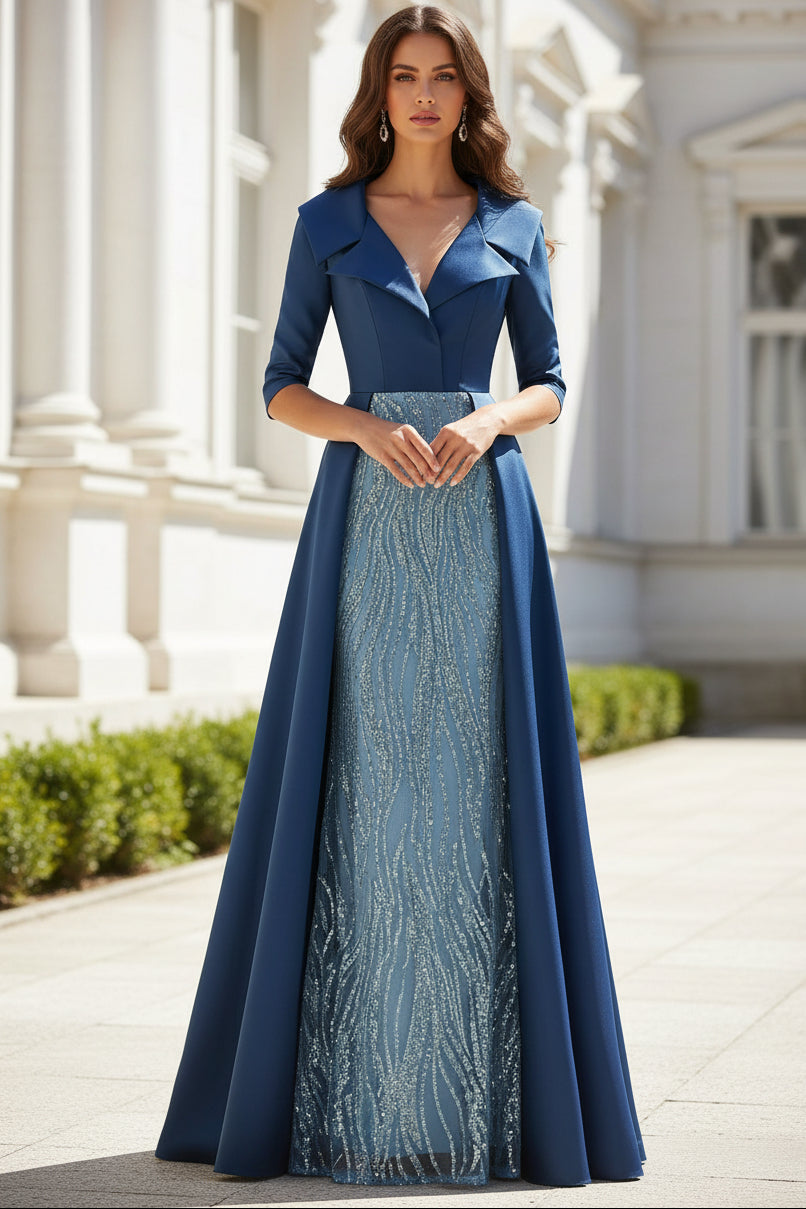 Lapel Neck Sequin Gown with Side Overskirt