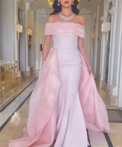 Off-the-Shoulder Evening Gown with Cascading Train