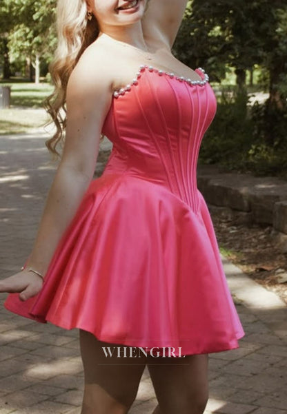 Strapless Corset Mini Dress with Pearl-Trim Neckline