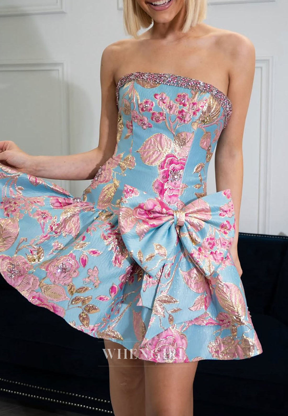 Strapless Floral Jacquard Homecoming Dress with Bow