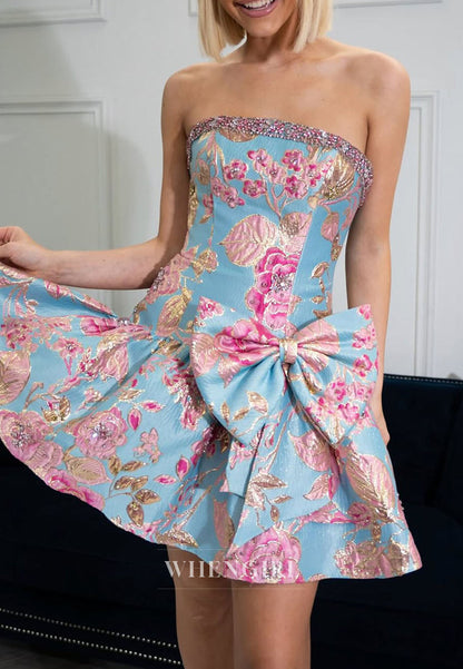Strapless Floral Jacquard Homecoming Dress with Bow