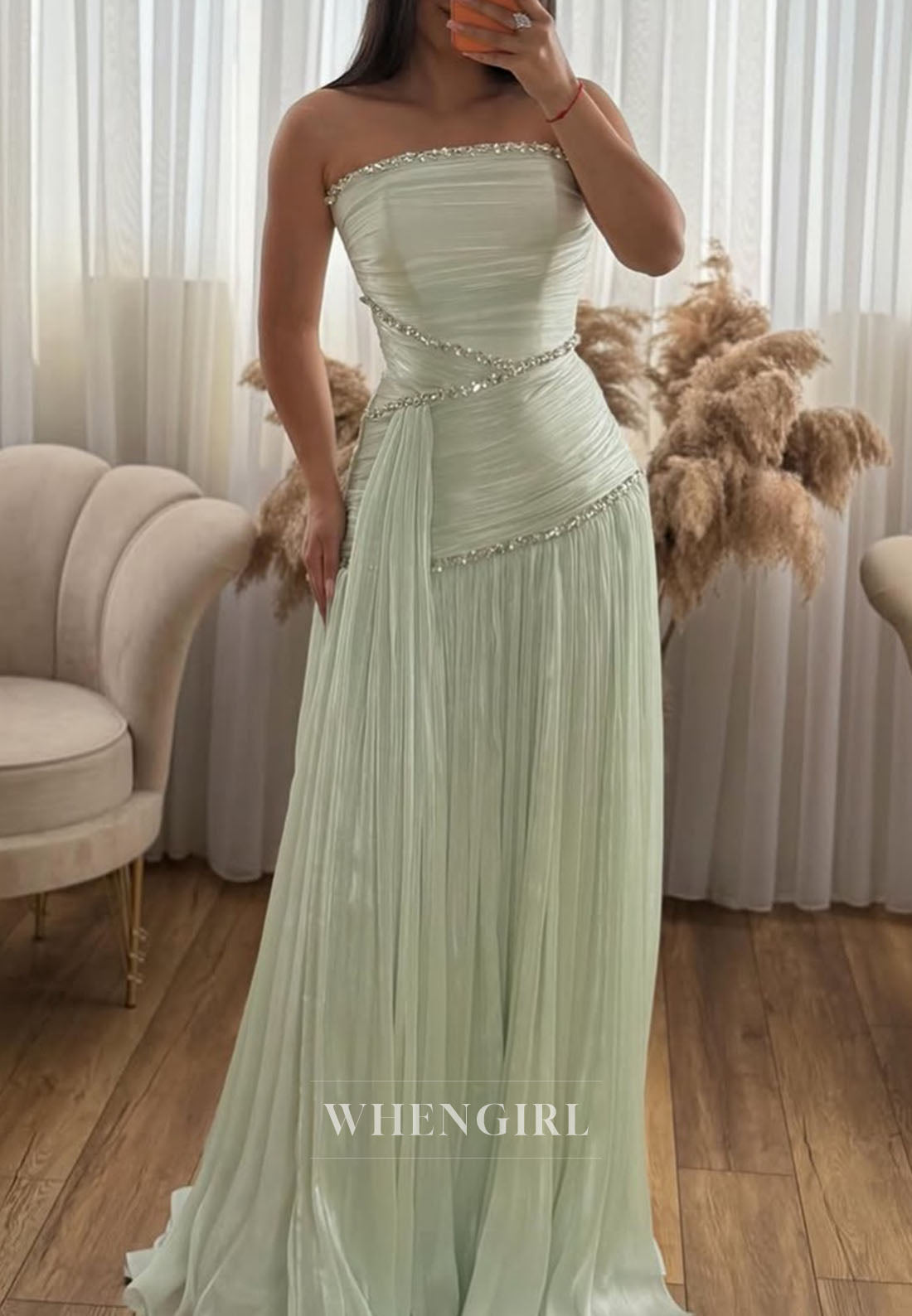 Strapless Pleated Chiffon Beaded Evening Gown