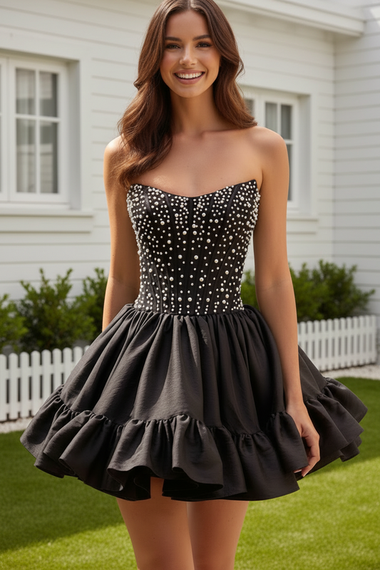 Strapless Pearl Corset Dress with Ruffled Mini Skirt
