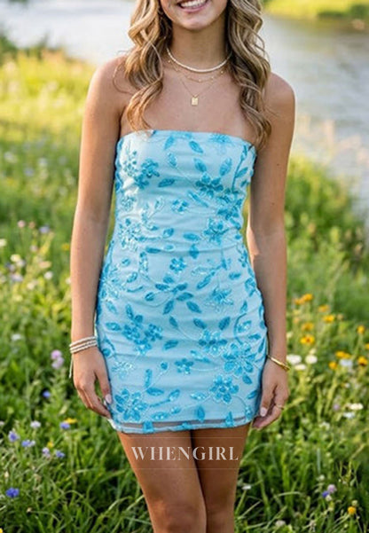 Strapless Floral Sequin Lace-Up Mini Dress