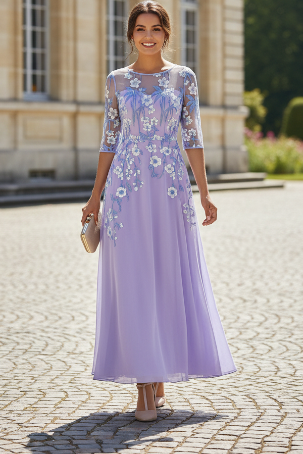 Floral Embroidered Illusion Sleeve A-Line Evening Gown
